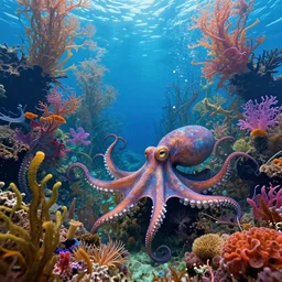 a photorealistic detailed image of a beautiful vibrant iridescent underwater seascape of full of colorful aquatic plants and octapus, spiritual science, divinity, utopian, by david a. hardy, hana yata, kinkade, lisa frank,