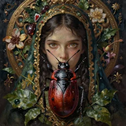 breathtaking detailed concept art painting of the goddess of bug, orthodox saint, with anxious, piercing eyes, ornate background, amalgamation of leaves and flowers, by Hsiao-Ron Cheng, James jean, Miho Hirano, Hayao Miyazaki, extremely moody lighting, 8K