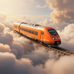 a photography of a tgv sud - est train in its original orange livery flying in the sky between volumetric clouds, photorealistic octane render, raytracing, trending on artstation, 4 k, cozy