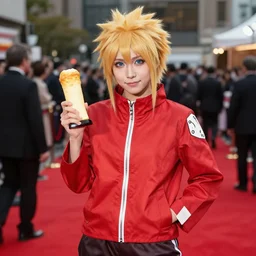 ichigo aoi as a cheese puff, red carpet, cosplay, realism, photography, award winning,