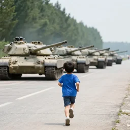a kid running away from a line of tanks coming towards him from behind, dslr photo