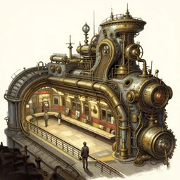 a detailed concept art of a steampunk metro station, by moebius, by beeple