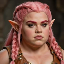 fantasy character portrait photo. female dwarf. short, broad, extremely swole & jacked. broad face resembles cara delevingne but very squat. wide face, androgynous but pretty. elaborately braided orangepink hair. long sidebuns, downy cheeks. thick bushy groomed red eyebrows with multiple piercings. tan leather vest, bare bodybuilder shoulders. kohl, lipgloss