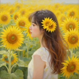 a girl in amazing tall sunflower field, her hair flowing down, little sunflower in her hair, subtle, intricate details, real masterpiece, oil on canvas, by somsak anong
