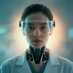 ( symmetry ) closeup portrait of a cyborg female scientist, visor, cinematic light, backlight glow, teal orange, mist, by gerald brom, by mikhail vrubel, by peter elson, muted colors, extreme detail, trending on artstation, 8 k