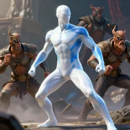 translucent realistic slim muscular male light armor suit tight clothes superhero in battle, white and blue, fantasy digital art, vivid color style artstation, style greg rutkowski and frank frazetta and mucha and richard corben, octane render, unreal engine 6, epic game graphics, fantasy, conceptual art, ray tracing