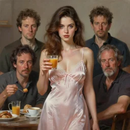 perfectly - centered - portrait of a beautiful lady wearing night gown having a breakfast, intricate, highly detailed, digital painting, artstation, concept art, smooth, sharp focus, illustration, realism, oil painting, unreal engine 5, 8 k, art by artgerm and dave rapoza and sam spratt
