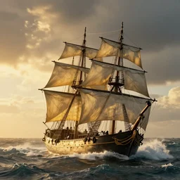 pirate sloop, heavy winds, huge waves, golden hour, dramatic lighting, digital art, photograph 8 5 / f 1. 8