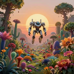 flying mecha in the centre of composition, sunrise in alien planet, full of vegetation, stunning garden of alien flowers, colourful plants, trees, vibrant colours, beautiful matte painting, dreamy, high detail, matte painting, artstation, in the style of martin johnson heade and roger dean