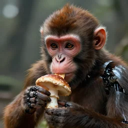 robot robotic cyborg monkey monkey eating eating mushroom mushroom, digital painting, concept art, 4k, realistic, realistic face, stunning, beautiful, detailed render, masterpiece, dramatic, film, cinematic