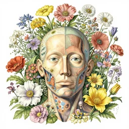 highly detailed illustration of a human anatomy head surrounded all the known species of flowers by juan gatti, by moebius!!, by oliver vernon, by joseph moncada, by damon soule, by manabu ikeda, by kyle hotz, by dan mumford, by kilian eng