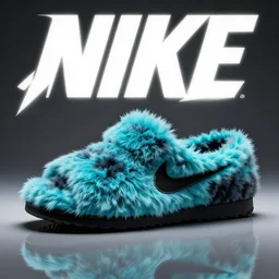 poster nike shoe inspired by slippers made of very fluffy cyan and black faux fur placed on reflective surface, professional advertising, overhead lighting, heavy detail, realistic by nate vanhook, mark miner