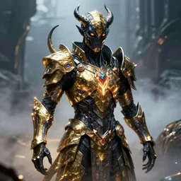 a sci fi quarter - length portrait of a shadow demon wearing ornate armor made of sci fi metal plates, cinematic lighting, alex figini artstation, high detail, dark fantasy, unreal engine, octane render, by vitaly bulgarov artstation, golden rule, sense of action, fog volumes, hard surface character pinterest, vivid color glow, post processing, cgsociety, 8 k