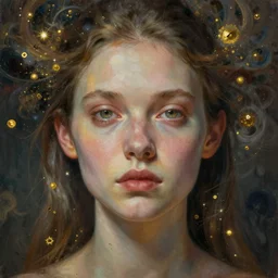 symmetry!! the portrait of the absurdly beautiful woman, octane render, symmetrical face, maximalist details, fractal enviroment, small details in gold, particles, octane render 8 k, trending in cgsociety, a beautiful painting by gerald brom, peter mohrbacher, sophie anderson