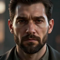 incredibly realistic, too detailed face of noir detective with sad beard, both eyes, both ears, octane render, bump mapping, global illumination, 8 k, bokeh, d & d digital art, one piece, unreal engine 5
