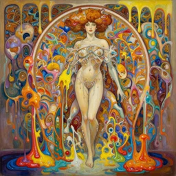 an hiper intricate oil painting of a beautifull surreal android woman surounded by melting colorfull wax drips, colorfull, excelent composition, wide shot, by yoshitaka amano, by ellen jewett, by greg rutkowski, by alphonse mucha by jeremyg lipkinng, by rhads, by ross tran, artstation, octane render