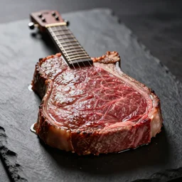 A perfectly guitar shaped perfectly cooked blue rare steak, food photography, 35mm, macro
