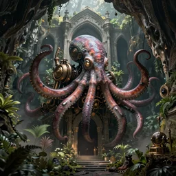 biomechanical steampunk creature with robotic parts and big octopus head and (glowing) eyes guarding an ancient cave entrance with lush vegetation in a mystic forest, gothic and baroque, brutalist architecture, ultradetailed, creepy ambiance, fog, artgerm, giger, Intricate by Ellen Jewett and Josan Gonzalez and Giuseppe Arcimboldo