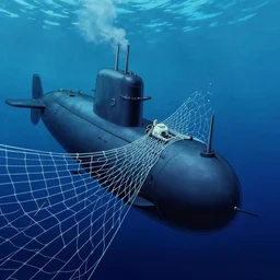 undersea deep sea matte animation cel still of a submarine colliding with a submarine net detailed 1 9 9 0