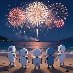 happy robots watching the fireworks at the beach, new year, 8k, beatiful, high detail, high resolution