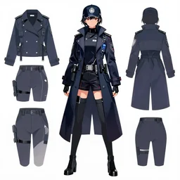 a female anime cyberpunk dream police detective wearing a heavy trench coat, character concept explorations, concept art, clear outfit design, techwear, trending on artstation, clear shapes, clean edges, centred, full body