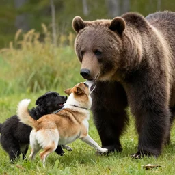 a dog bullying a bear
