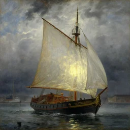 oil painting of boat with translucent sail, backlit ship with dramatic storm clouds, harbour in background, foggy, details, decorative, art by anders zorn, wonderful masterpiece by greg rutkowski, beautiful cinematic light, american romanticism by greg manchess, creation by tyler edlin
