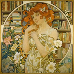 a beautiful landscape painting of magic library with books and flowers, by alfons maria mucha and julie dillon, smoke, detailed and intricate environment, mysterious, comfort, trending on artstation, octane render
