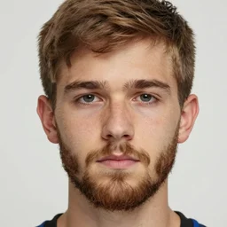 athletic 2 0 years old boy, light brown hair and full beard ، thin eyebrows, thin nose, tanned skin, short hair,