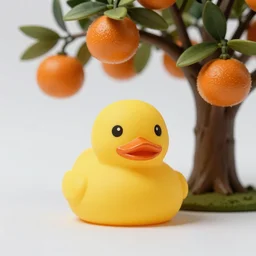 a rubber ducky under an orange tree, high quality DSLR photography, professional photo