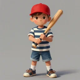 a young boy wearing a horizontal striped shirt and a red baseball cap and jean shorts, holding a baseball bat, centered composition, digital painting, artstation, concept art, sharp focus, octane render, illustration, art by james jean,