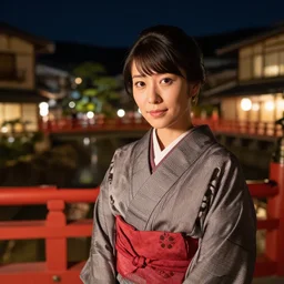 professional, fine, detailed portrait of an japanese bathhouse during the night that can be seen afar from a bridge.