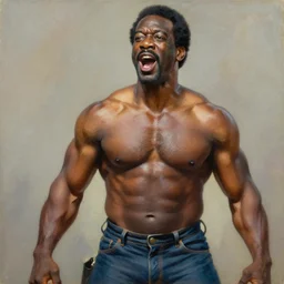 rambo, 1 9 8 6, bill cosby, muscular, defined, shouting, oil on canvas octane render