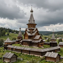 tall castle enclosed palisaded, with christian wooden churches and domes on them, log houses built on hills, slavic, russian, slovenian, tartarian architecture, gray skies, hyper - detailed, artstation, cgsociety, 8 k