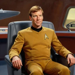 young captain kirk ( william shatner ), the handsome captain from star trek, in his gold uniform, sitting in the captain ’ s chair on the bridge of the starship enterprise. he looks smug. oil painting in the style of edward hopper and ilya repin gaston bussiere, craig mullins. warm colors. detailed and hyperrealistic.
