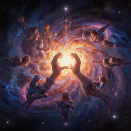 realistic concept art for the entire universe uniting again into perfect love and pure consciousness, defeating the big bang!! final victory of order over disorder!! final defeat of entropy! end of time, galactic scale!! digital painting, artstation, smooth, sharp focus