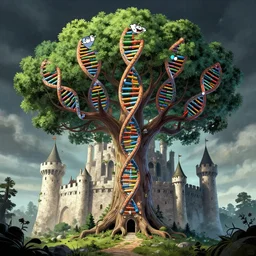 human dna as tree of life, cartoon illustration comics manga painting of castle : 6 fantasy, digital painting, unreal engine, 8 k, volumetric lighting, contrast