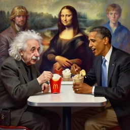 Einstein and Obama taking a shit on table at McDonalds,  masterpiece digital painting, by Moebius, by Leonardo Da Vinci, by Ilya Kuvshinov, by Tite Kubo, by Monet, by Frank Miller, brush strokes, stunning, gorgeous, 4k wallpaper