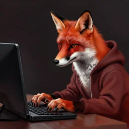 a red fox in a hoodie typing on a keyboard, dark tones, concept art, stroke painting, highly detailed