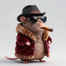 anthropomorphic rat, wearing a velvet fur coat, wearing sunglasses and a hat, slightly chubby, cigar, long fur, rat, detailed, 3d render, 4k, pixar