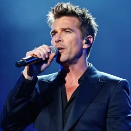 epic cinematic close up artwork of dave gahan performing live in a suit of armor on a battlefield to warriors watching by greg rutowski, 4 k, sun rays, masterpiece