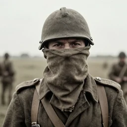 a soldier wearing a cloth over face and head in distance, ww1 film photo, grainy, high detail, high resolution