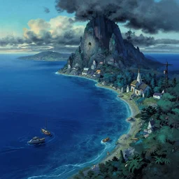 fantasy coast of enigmatic azure ocean, by ghibli, pixar, disney, dark, albert bierstadt, 4 k, high detail