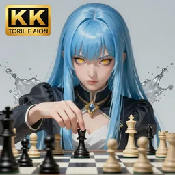 rimuru tempest playing chess, with amber eyes of golden colored eyes, straight hair, sky blue hair, long bangs, high collar, concept art, award winning photography, digital painting, splash art, elegant, intricate, cinematic, wlop, 8 k, by ross tran, tom bagshaw, andy warhol