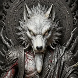 a human with wolf head, naraka buddhist demon japan, thailand art, tubular creature, blood vesels, dystopian surrealism, art style alex ries zdzisław beksinski, symmetry accurate features, very intricate details, high resolution, symmetrical long head, smooth marble surfaces, detailed ink illustration, metal gear, cinematic smooth stone, deep aesthetic, concept art, carved marble texture silk cloth, latex skin, highly ornate intricate details