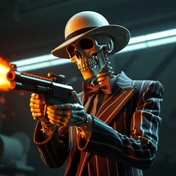 skeleton in a pinstripe suit firing a tommy gun, realistic 4 k octane beautifully detailed render, 4 k post - processing, highly detailed, intricate complexity, epic composition, magical atmosphere, cinematic lighting, masterpiece, ultra hd