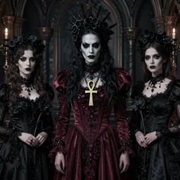 a stunning gothic cult leader tom bagshaw, alphonse mucha, donata giancola, mary jane ansell, wearing an ornate maroon dress, ankh necklace, horror, black magic, black orchids, gothic, dark academia, atmosphere, realism, octane render, dof, hyperdetailed, 8 k,