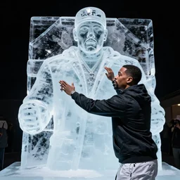 dramatic photo, the rapper'ice cube'making an ice sculpture that looks like himself
