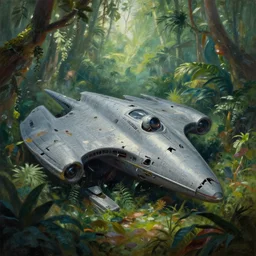 a beautiful painting of a crashed klingon bird of prey in a lush jungle, ray traced lighting by kalin popov and greg rutkowski