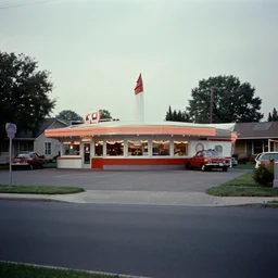a street in an american suburb with a diner in the center, scene from a 1 9 7 3 film, anamorphic lens, analog film, classic cinema, filmgrain, chromatic aberration